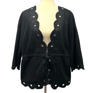 Bob Mackie Art To Wear Black Cotton Floral Eyelet Tie Waist Jacket Womens Large